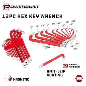 Powerbuilt 13Pc Imperial Hex Key Jumbo Long Ball End Magnetic Wrench Set