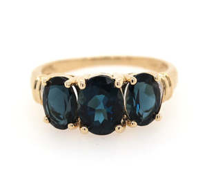 9ct Yellow Gold London Blue Topaz & Diamond Three Stone Ring