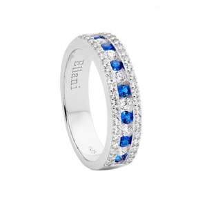 Engagement Rings: Sterling Silver Triple Row Blue & White Cubic Zirconia Dress Ring