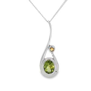 Gemstone Jewellery: Sterling Silver Peridot & Citrine Curved Design Necklace