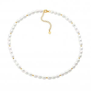 Jewellery Pearls: White Freshwater Pearl Necklace with Gold Plated Beads