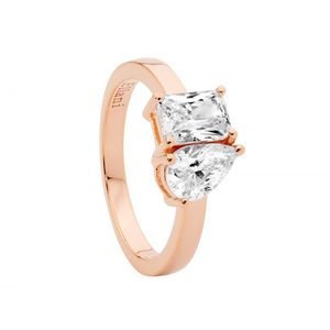 Sterling Silver Rose Gold Plate Moi et Toi Style CZ Dress Ring