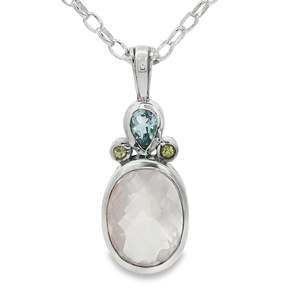 Necklaces Pendants: Sterling Silver Rose Quartz Necklace with Blue Topaz & Peridot