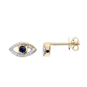 9K Yellow Gold Diamond and Sapphire "Evil Eye" Studs