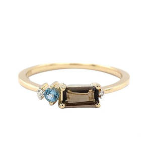 Fashion Jewellery: 9K Yellow Gold Smoky Quartz, Blue Topaz & Diamond Ring