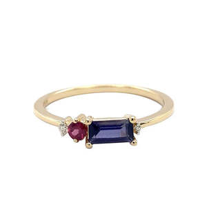 Fashion Jewellery: 9K Yellow Gold Iolite, Rhodolite Garnet & Diamond Ring