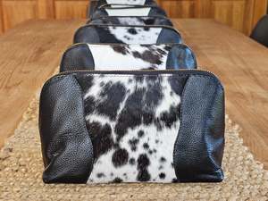 Accessories: Toilet/Make up Bag - Black & White Brazilian Cowhide & Leather