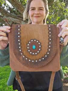 Cowhide Bags: Roxy FRINGELESS - Crystal & Turquoise Embellishments