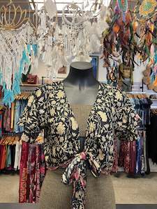 Clothing-Tops: Silky Floral Wrap Top/Short Sleeve