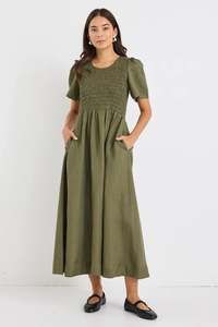 RE:UNION LABEL // Wren Shirred Midi Dress KHAKI