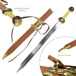 Ornate Roman Gladius – Medieval Warrior’s Sword with Gold Accents & Scabbard