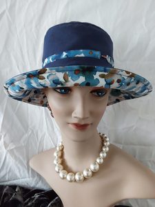 Products: R266: Navy linen hat with reverse floral cotton fabric Hokianga Hats
