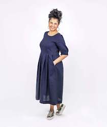 Dress: Pleated Linen Dress - Midnight Navy