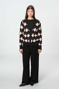 Tonic Cloth: DINADI Merino Checkered Cardigan - Merlot Red