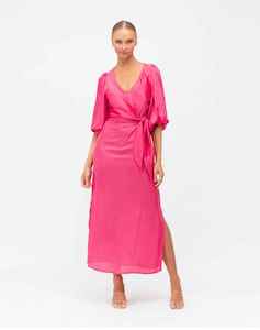 White Closet: WHITE CLOSET Maxi Satin Dress Hot Pink