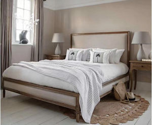Bed 1: MAISON FABRIC PANEL OAK BED Queen