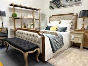 Bed 1: Watson French Country Oak Frame Upholstered Button King Size Bed