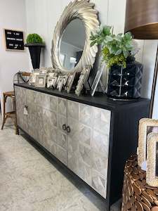 Dining 1: Promotion Sale : Cassie Oak /Iron Geometric Patterned 4 Door Sideboard