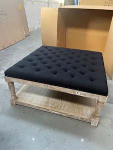 Square Tufted Linen Black Oak Coffee Table Ottoman