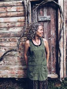 Linen Cotton: Khaki Pinafore Dress ~ Cotton ~ S