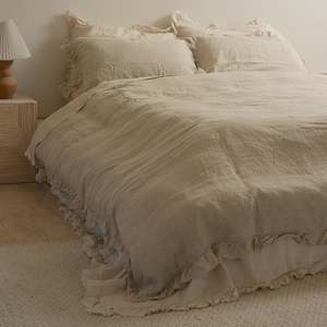 Linen Duvet Cover Sets: 100% French Flax Linen Ruffle Edge Duvet Set- Natural Oat