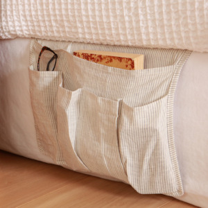 Bedding: 100% French Flax Linen Bedside Organiser- Charcoal Pinstripe