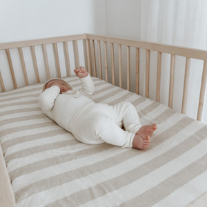 Nursery: 100% French Linen fitted Cot Sheet- Wide Natural Stripe