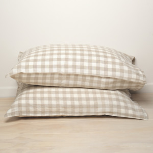 Natural Gingham Collection: 100% French Flax Linen Pillowcase Pair- Natural Gingham