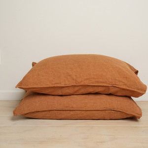 Pillowcase Sets: 100% French Linen Pillowcase Pair- Caramel Pinstripe