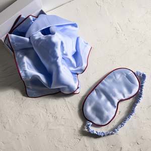 Bedding: 100% Pure Silk Gift Set- Sky Blue with Cocoa Piping