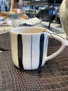 Magnolia Lane & Co Creamy White Handled Mug w/ black stripes