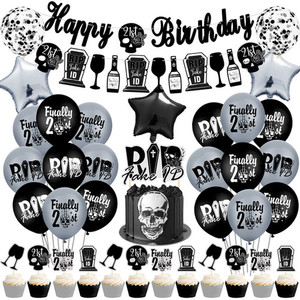 Happy 21st Birthday Party Black Silver Balloon Set With Banner and Cake Toppers &hellip;