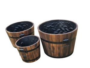 3-Piece Fir Barrel Planter Set - Burnt colour