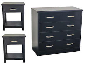 Drawers And Bedside Tables: Gary Low Boy 4 Drawer & (2x) Gary Bedside Table Combo Black