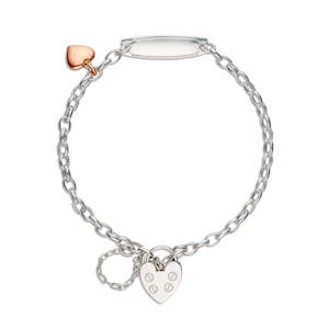 Childrens Jewellery: Children's Sterling Silver belcher chain bracelet with ID plate and plain padlock and Rose Gold plated heart