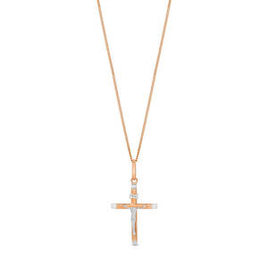 9k Rose Gold and Rhodium Plated Crucifx pendant on gold plated chain