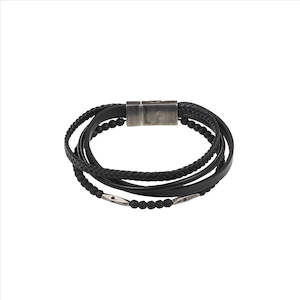 Mens Jewellery: Black Leather/Black Hematite Antique plated Stainless Steel Bracelet