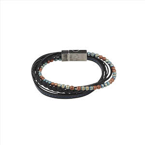 Mens Jewellery: Black Leather/Green Hematite Antique plated Stainless Steel Bracelet