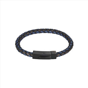 Mens Jewellery: Black+Blue Italian Leather/Black Ion Plated Stainless Steel Bracelet