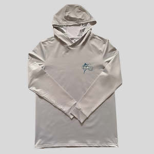 Upf 50 Water Resistant Long Sleeves: ‘Bite time’ Hooded Upf50 long sleeve in grey
