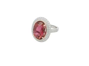 Coloured Stone Rings 1: Large Pink Tourmaline and diamond double halo ring