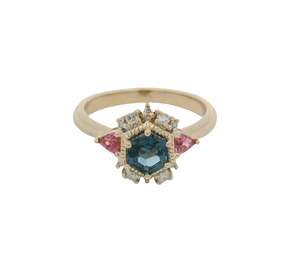 London Blue Topaz, Pink Tourmaline & Diamond Cluster Ring