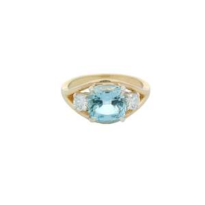 Cushion Cut & Round Three stone Aquamarine and Diamond Ring
