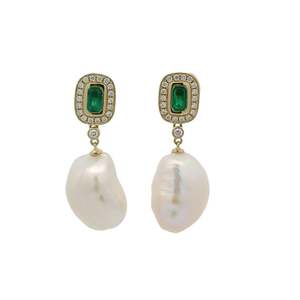 Emerald, Diamond & Baroque Pearl Drop Earrings
