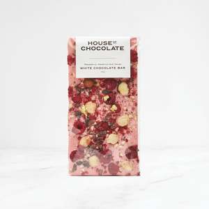 Handcrafted Chocolate Bars: Raspberry, Hazelnut & Cacao Nib White Chocolate Bar Wholesale
