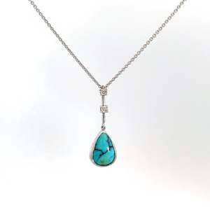 9ct White Gold Turquoise and Diamond Pendant and Chain