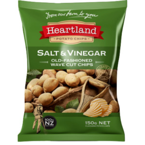 Snacks Chips: Heartland Salt & Vinegar Old Fashioned Wave Cut Potato Chips 150g