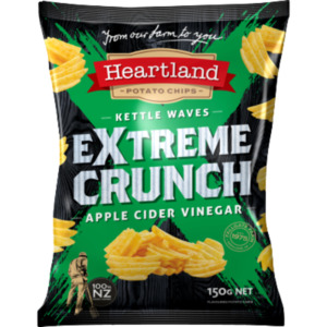 Snacks Chips: Heartland Extreme Crunch Apple Cider Vinegar Kettle Waves Potato Chips 150g