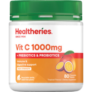 Healtheries Vit C 1000mg + Probiotics Tropical Flavour Chewable Tablets 80pk