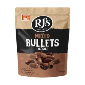 Confectionary: RJ’s Licorice Mixed Choc Bullets 220g